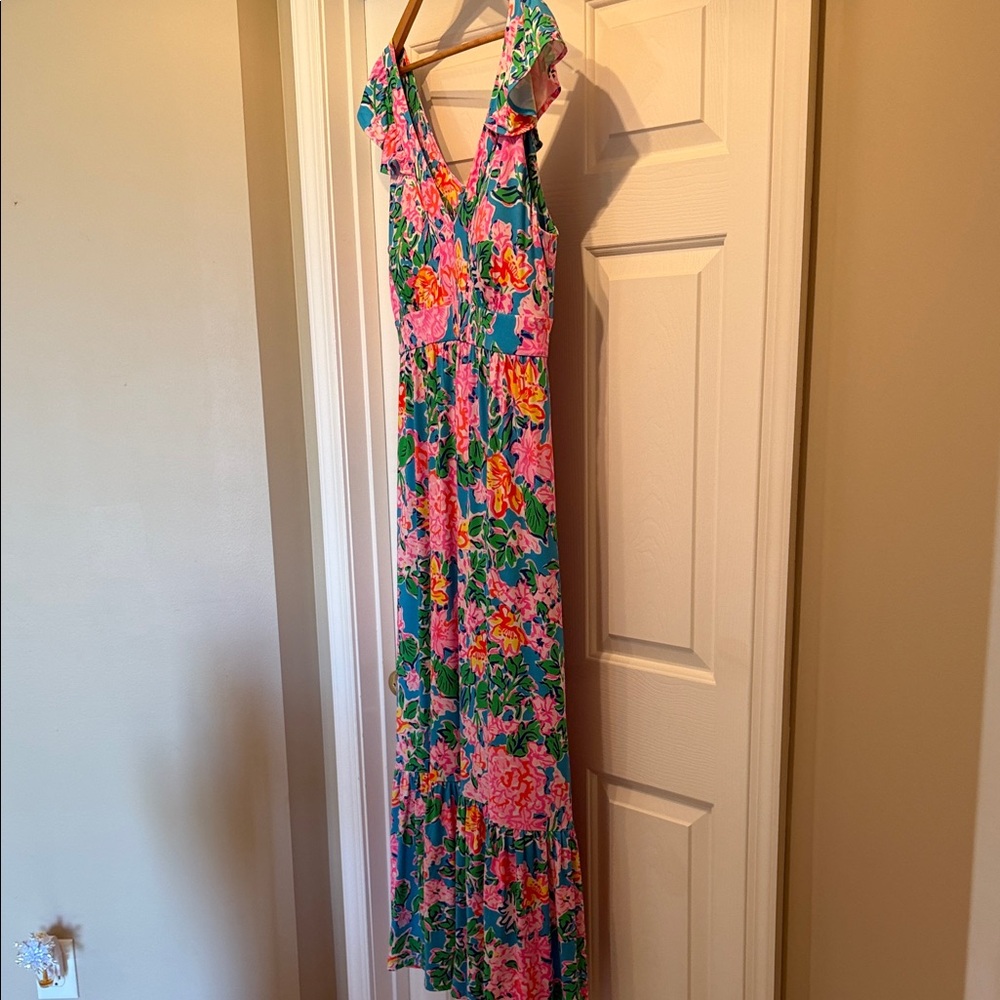 Lilly Pulitzer Floral V-Neck Ruffle Sleeve Maxi Dress in Teal, Pink & Yellow